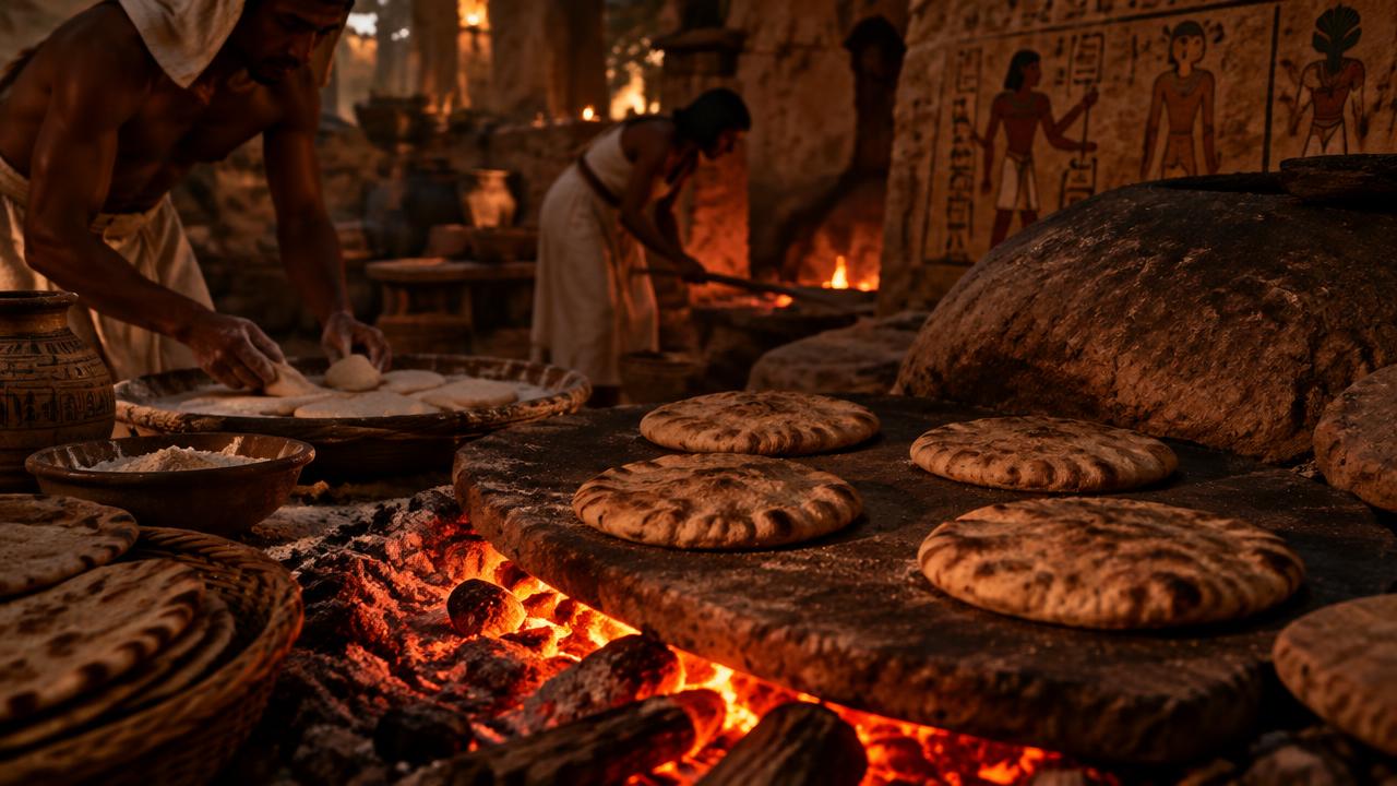 Pains plats cuits sur pierres chaudes autour d'un feu, scène d'inspiration antique