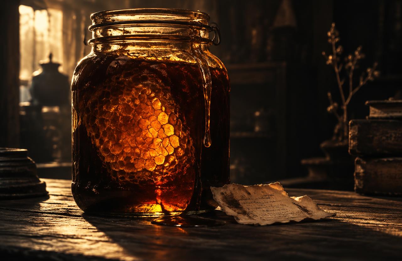 Ancien bocal de miel sombre et lumineux avec un rayon de miel et une étiquette manuscrite déchirée